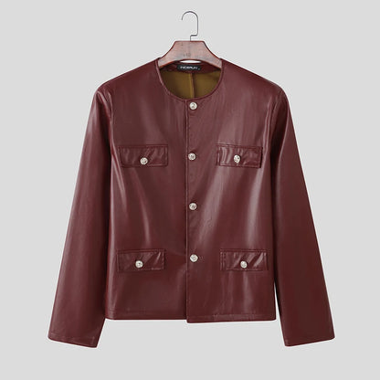INCERUN Men's PU Leather Solid Colour Jacket – O-Neck Long Sleeve Button Streetwear Coat | S–5XL