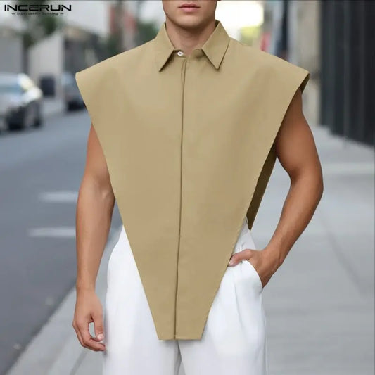 Irregular Split Sleeveless Shirt – Khaki, Blue & Black | S–5XL