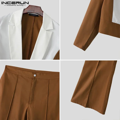 INCERUN Men's Color-Block Patchwork Blazer & Flare Pants Set – Lapel Long Sleeve Co-ord Suit