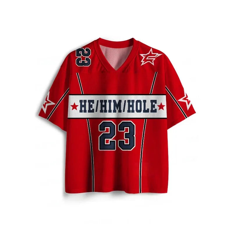 V-Neck Sport Jersey – He/Him/Hole Print | S–6XL | Polyester
