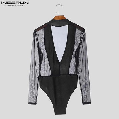 Mesh Splicing V-Neck Jumpsuit – Black | S–3XL | Polyester & Spandex