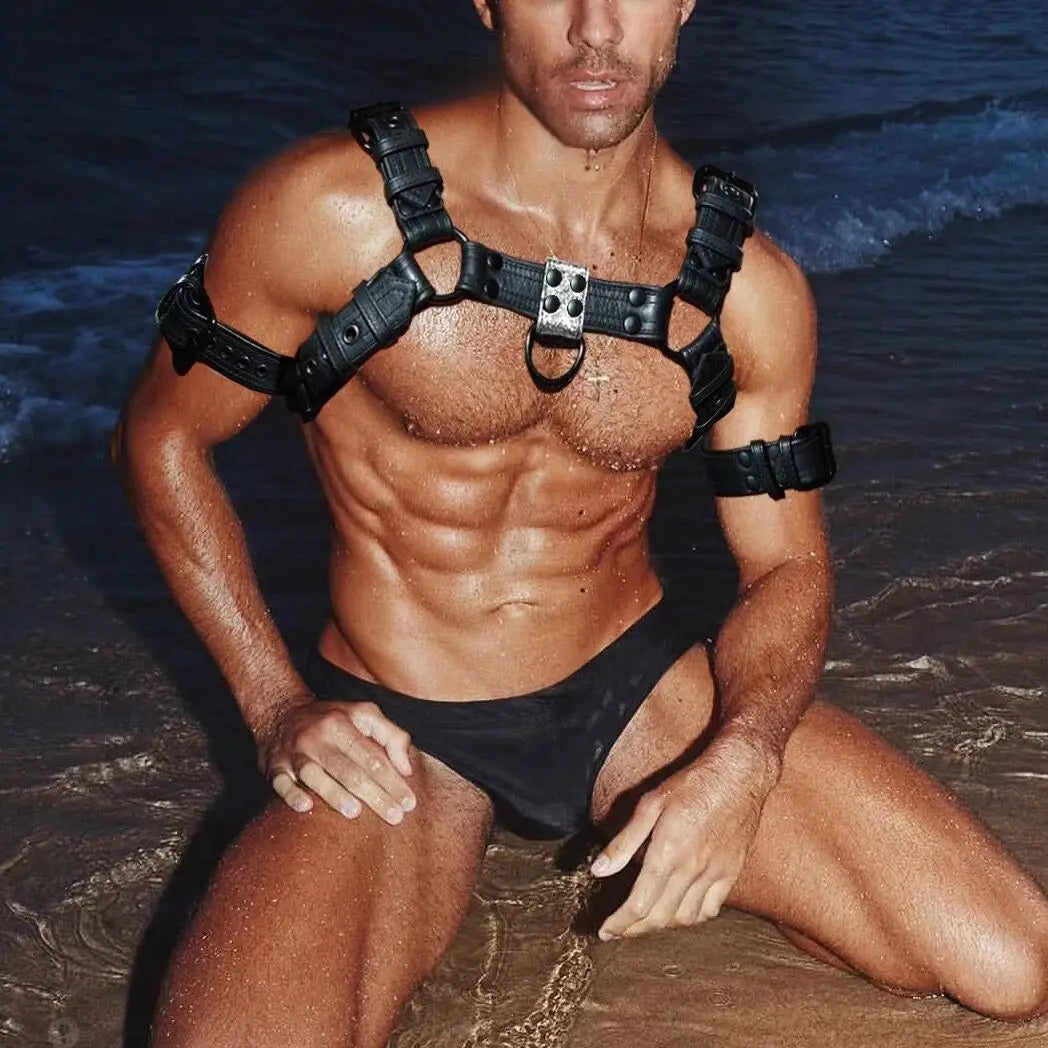 Leather Body Chest Harness – Black & Red | S–2XL | Genuine Leather & Metal