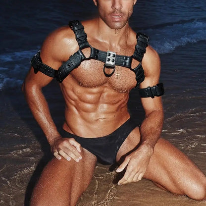 Leather Body Chest Harness – Black & Red | S–2XL | Genuine Leather & Metal