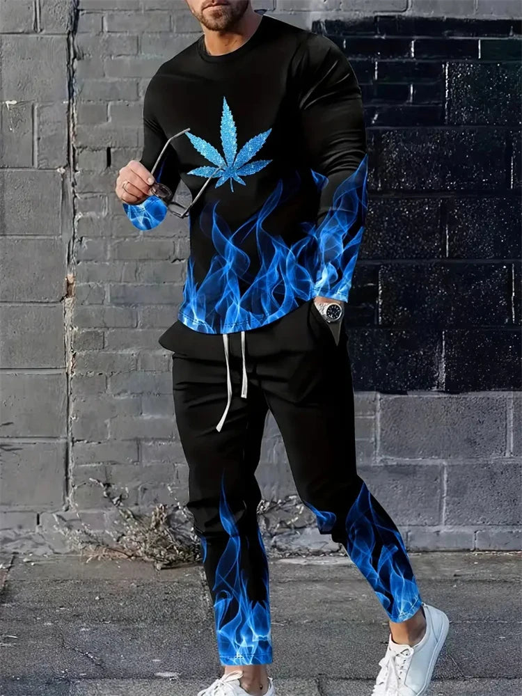 Men's 3D Blue Flame Print 2-Piece Sportswear Set – Long Sleeve Top & Sweatpants | M–5XL