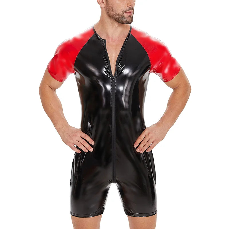 Shiny PVC Lacquer Leather Jumpsuit – Black & Red | S–7XL