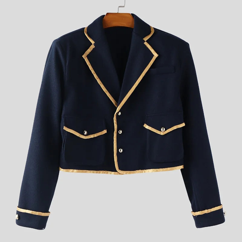 INCERUN Men's Patchwork Lapel Crop Jacket – Long Sleeve Button Streetwear Coat | S–XXXL