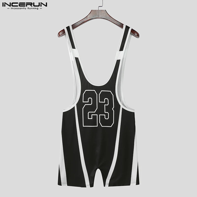 Men's Letter Print Patchwork Bodysuit – Black & White | S–3XL | Polyester & Spandex