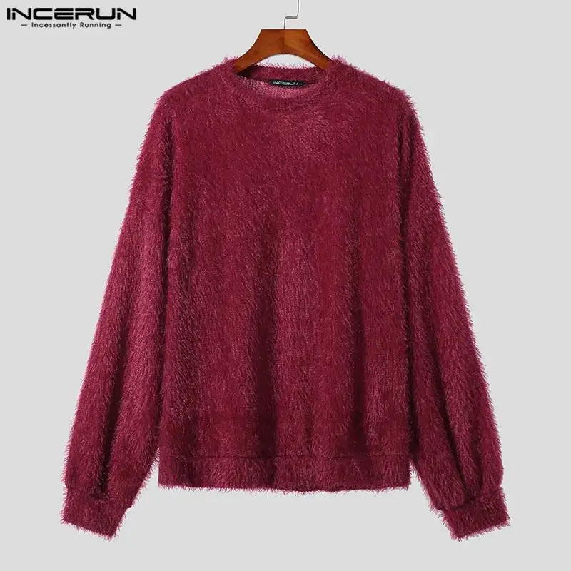 INCERUN Men's Plush Solid Colour Pullover – O-Neck Long Sleeve Casual Streetwear Sweater | S–5XL