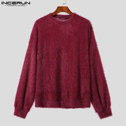 INCERUN Men's Plush Solid Colour Pullover – O-Neck Long Sleeve Casual Streetwear Sweater | S–5XL