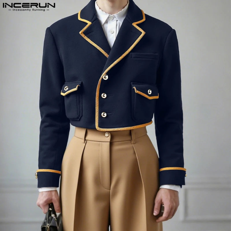 INCERUN Men's Patchwork Lapel Crop Jacket – Long Sleeve Button Streetwear Coat | S–XXXL