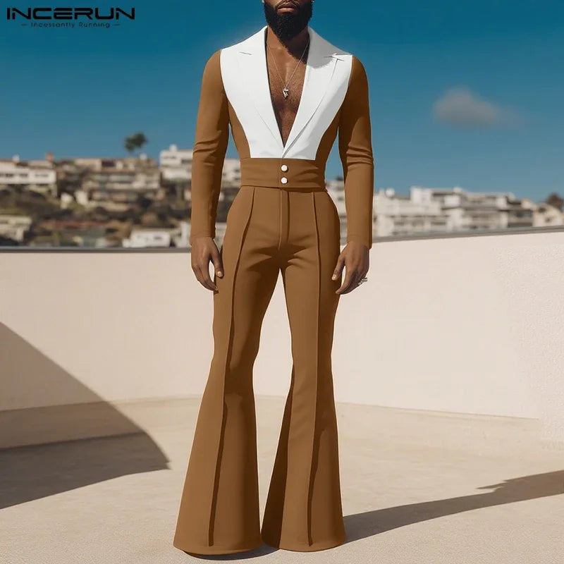 INCERUN Men's Color-Block Patchwork Blazer & Flare Pants Set – Lapel Long Sleeve Co-ord Suit