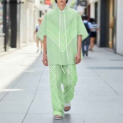 INCERUN Men's Striped Patchwork Set – Lace-Up Shirt & Pants Co-ord | S–5XL