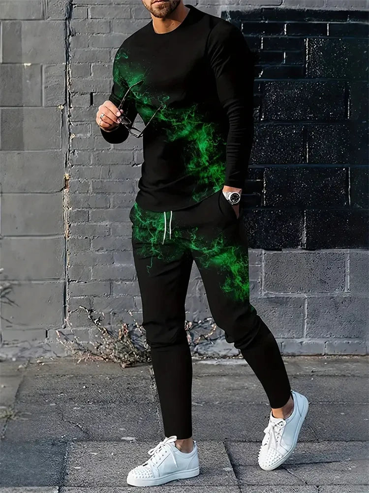 Men's 3D Blue Flame Print 2-Piece Sportswear Set – Long Sleeve Top & Sweatpants | M–5XL