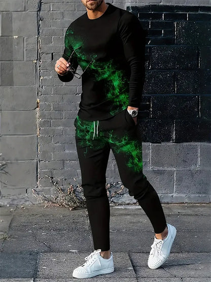 Men's 3D Blue Flame Print 2-Piece Sportswear Set – Long Sleeve Top & Sweatpants | M–5XL