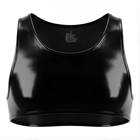 Glossy PU Leather Crop Tank Top – Black | S–3XL | 50% PU & Polyester