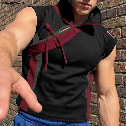 INCERUN Men's Patchwork Tank Top – Color-Block Lace-Up Sleeveless Streetwear | S–5XL