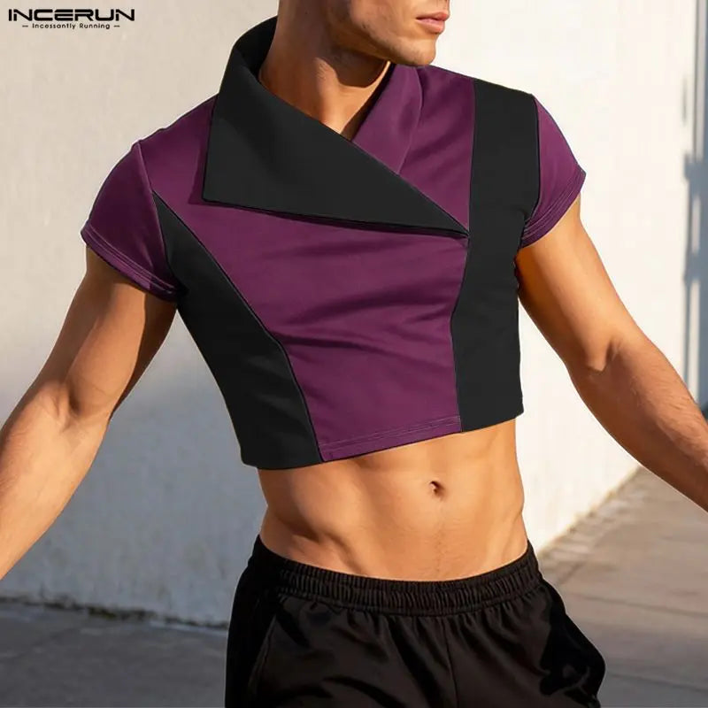 INCERUN Short Sleeve Crop Top Patchwork – Bold Men's Crop Top | S–5XL