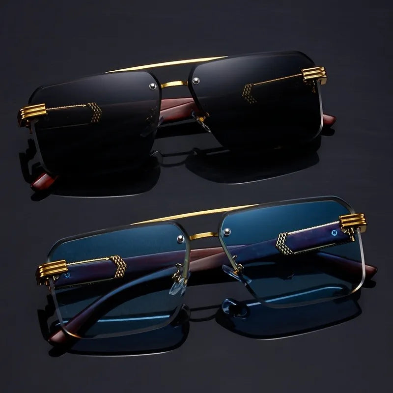 Rectangle Double Beam Sunglasses – UV400 | 2 Colours | Wood Grain Detail
