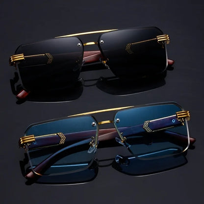 Rectangle Double Beam Sunglasses – UV400 | 2 Colours | Wood Grain Detail