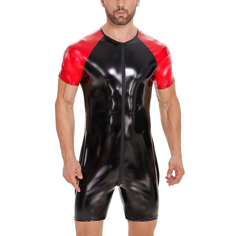 Shiny PVC Lacquer Leather Jumpsuit – Black & Red | S–7XL