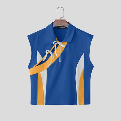 INCERUN Men's Patchwork Tank Top – Color-Block Lace-Up Sleeveless Streetwear | S–5XL