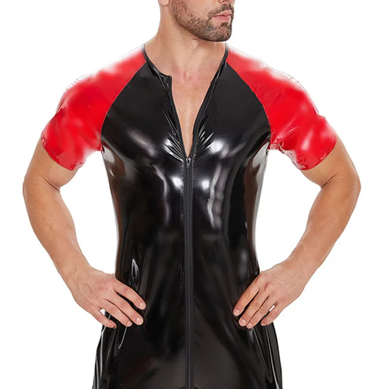 Shiny PVC Lacquer Leather Jumpsuit – Black & Red | S–7XL