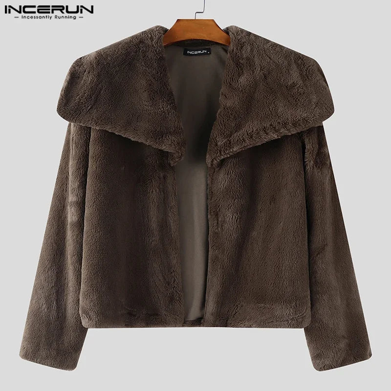 INCERUN Men's Plush Fleece Lapel Jacket – Solid Colour Open-Stitch Casual Streetwear Coat | S–XXXL