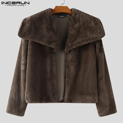 INCERUN Men's Plush Fleece Lapel Jacket – Solid Colour Open-Stitch Casual Streetwear Coat | S–XXXL