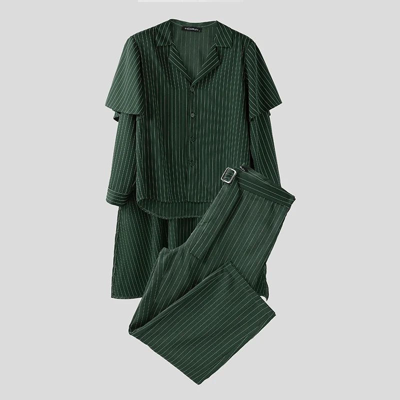 INCERUN Men's Striped Shirt Cloak & Pants Set – Elegant Lapel Long Sleeve Co-ord Suit