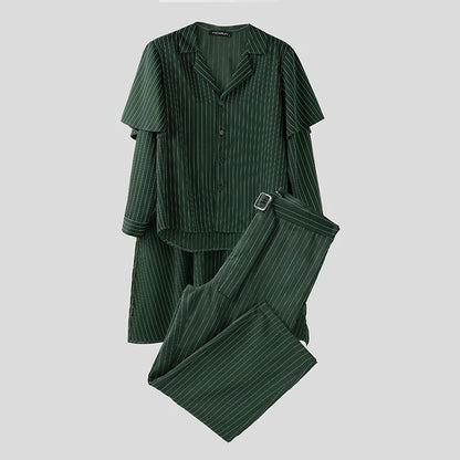 INCERUN Men's Striped Shirt Cloak & Pants Set – Elegant Lapel Long Sleeve Co-ord Suit