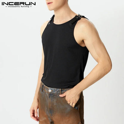 Incerun Buckle Strap Tank Top | Black & White | S–5XL