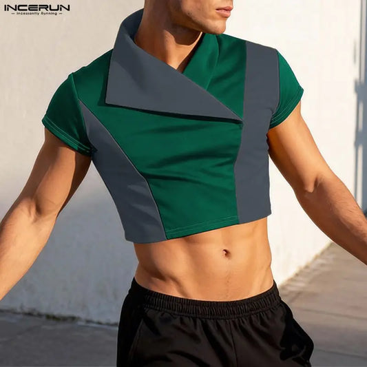 INCERUN Short Sleeve Crop Top Patchwork – Bold Men's Crop Top | S–5XL