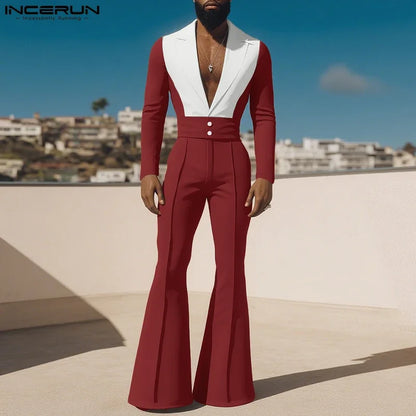 INCERUN Men's Color-Block Patchwork Blazer & Flare Pants Set – Lapel Long Sleeve Co-ord Suit