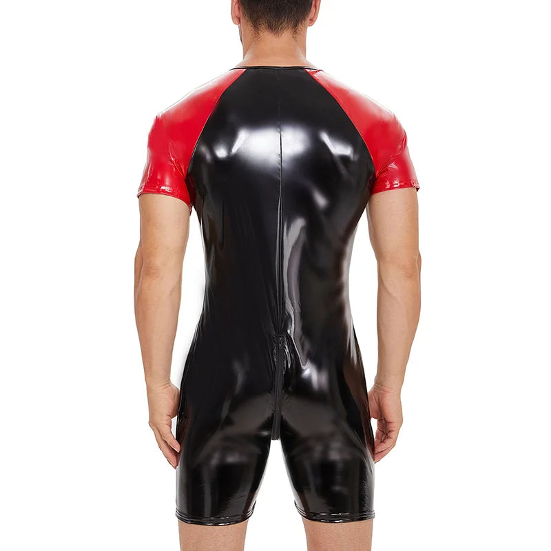 Shiny PVC Lacquer Leather Jumpsuit – Black & Red | S–7XL