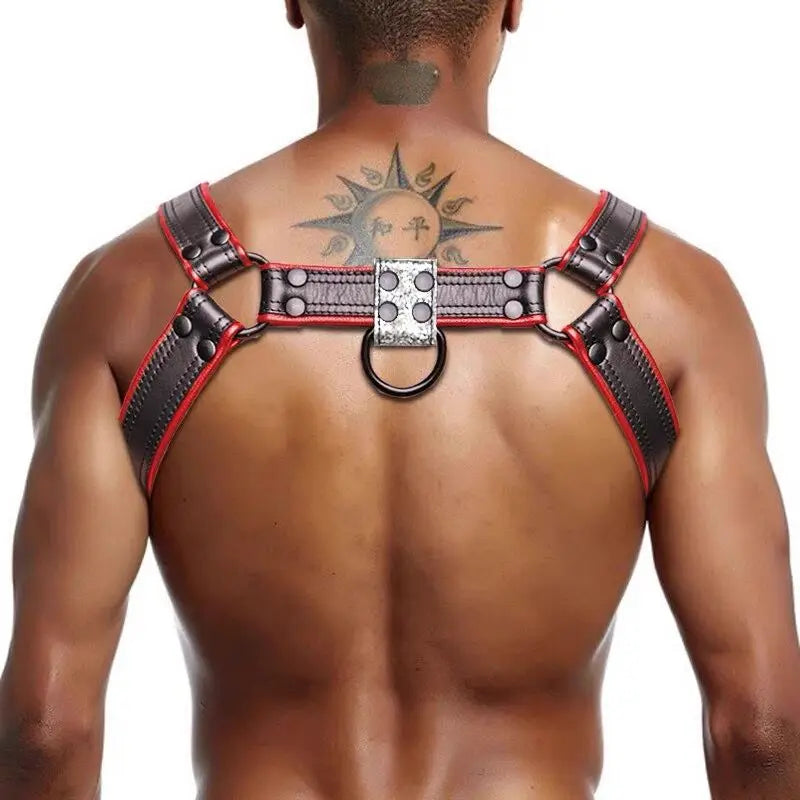 Leather Body Chest Harness – Black & Red | S–2XL | Genuine Leather & Metal