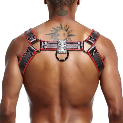 Leather Body Chest Harness – Black & Red | S–2XL | Genuine Leather & Metal