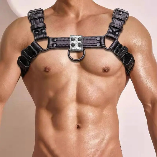 Leather Body Chest Harness – Black & Red | S–2XL | Genuine Leather & Metal