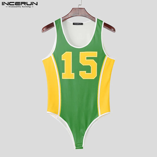 Printed Sleeveless Bodysuit – Green, Yellow & Red | S–3XL | Polyester & Spandex