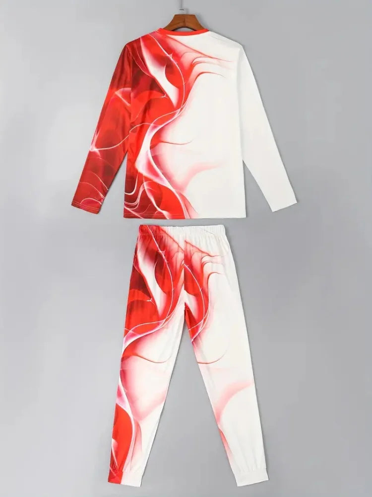 Men's 3D Blue Flame Print 2-Piece Sportswear Set – Long Sleeve Top & Sweatpants | M–5XL