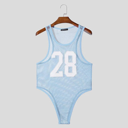 INCERUN Men's Mesh Patchwork Transparent Bodysuit – Sleeveless Tank Romper | S–XXXL