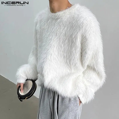 INCERUN Men's Plush Solid Colour Pullover – O-Neck Long Sleeve Casual Streetwear Sweater | S–5XL