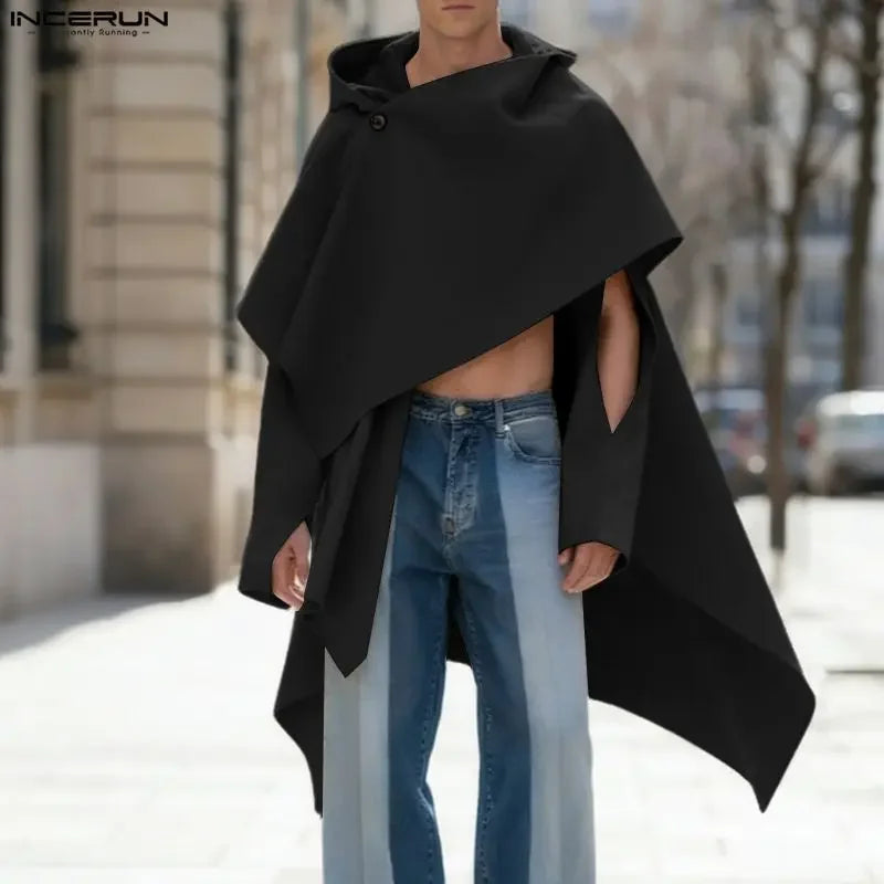 INCERUN Men's Hooded Hollow-Out Cloak Cape – Loose Irregular Streetwear Poncho | S–5XL