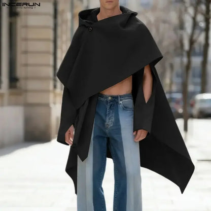 INCERUN Men's Hooded Hollow-Out Cloak Cape – Loose Irregular Streetwear Poncho | S–5XL