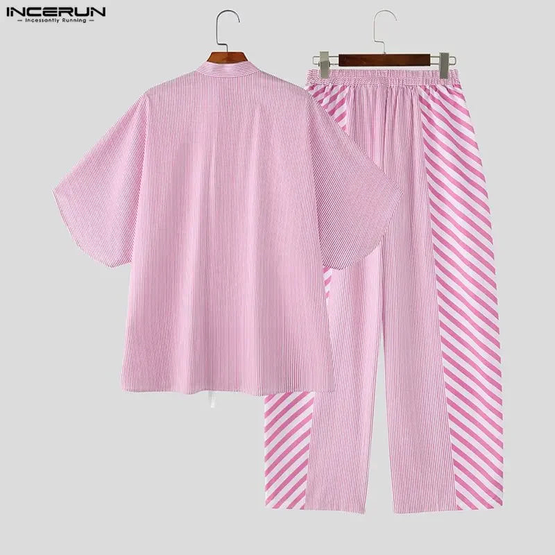 INCERUN Men's Striped Patchwork Set – Lace-Up Shirt & Pants Co-ord | S–5XL