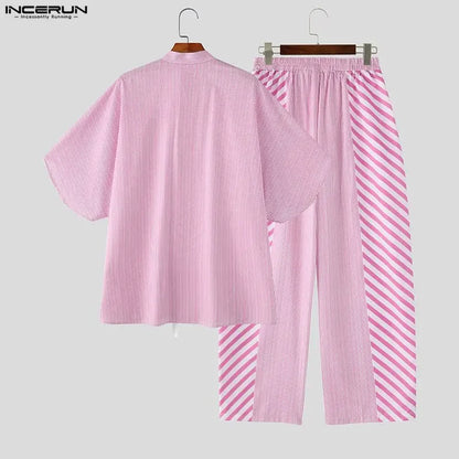 INCERUN Men's Striped Patchwork Set – Lace-Up Shirt & Pants Co-ord | S–5XL