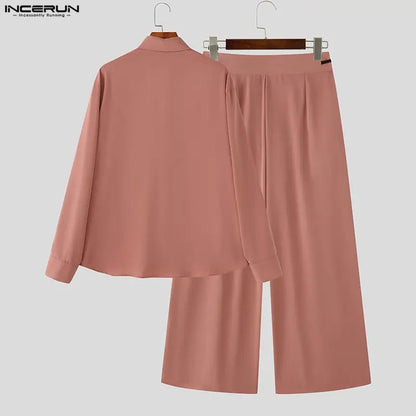 INCERUN Men's Loose Lapel Shirt & Pants Set – Long Sleeve Casual Co-ord | S–5XL