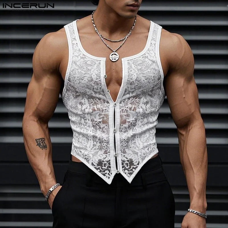 INCERUN Lace Transparent Tank Top – Sheer Bold Men's Vest | S–5XL