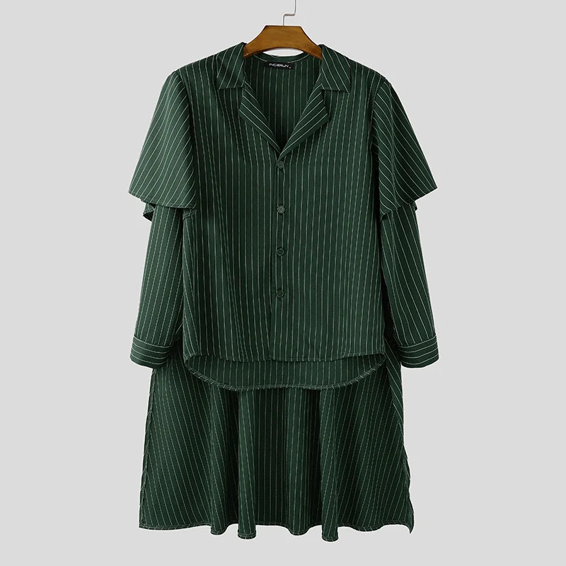 INCERUN Men's Striped Shirt Cloak & Pants Set – Elegant Lapel Long Sleeve Co-ord Suit