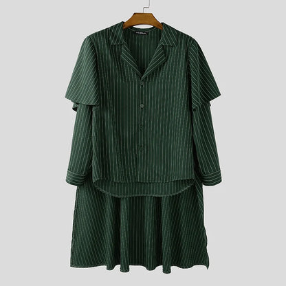 INCERUN Men's Striped Shirt Cloak & Pants Set – Elegant Lapel Long Sleeve Co-ord Suit
