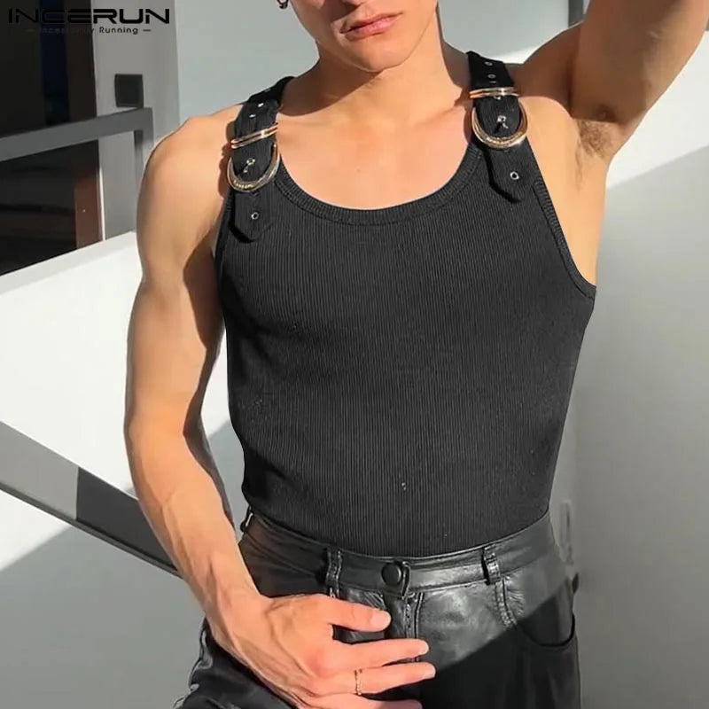 Incerun Metal Buckle Tank Top | White & Black | S–3XL